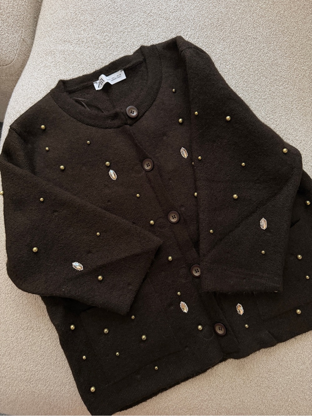 Zara  Dark Brown Embellished Button Cardigan
